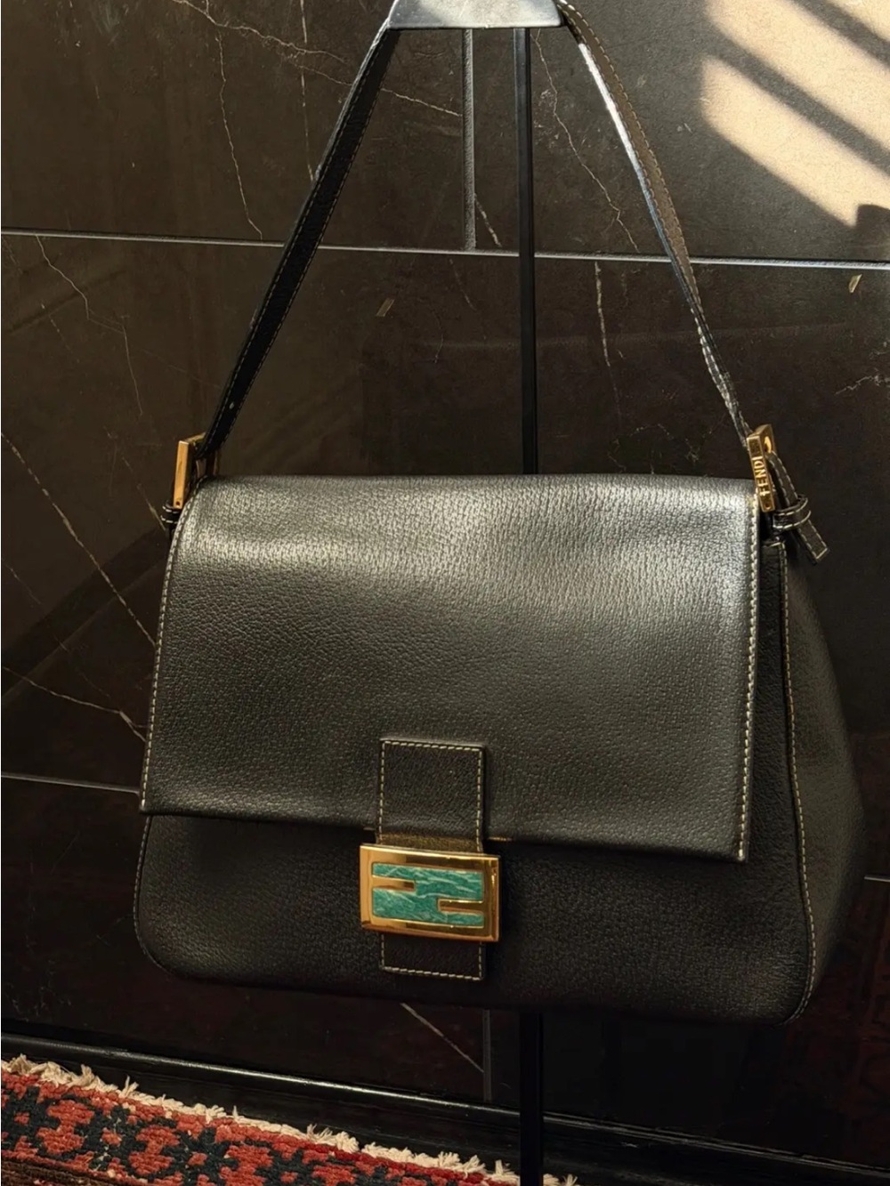 Fendi Black Mamma Baguette with Gold and Teal Accent